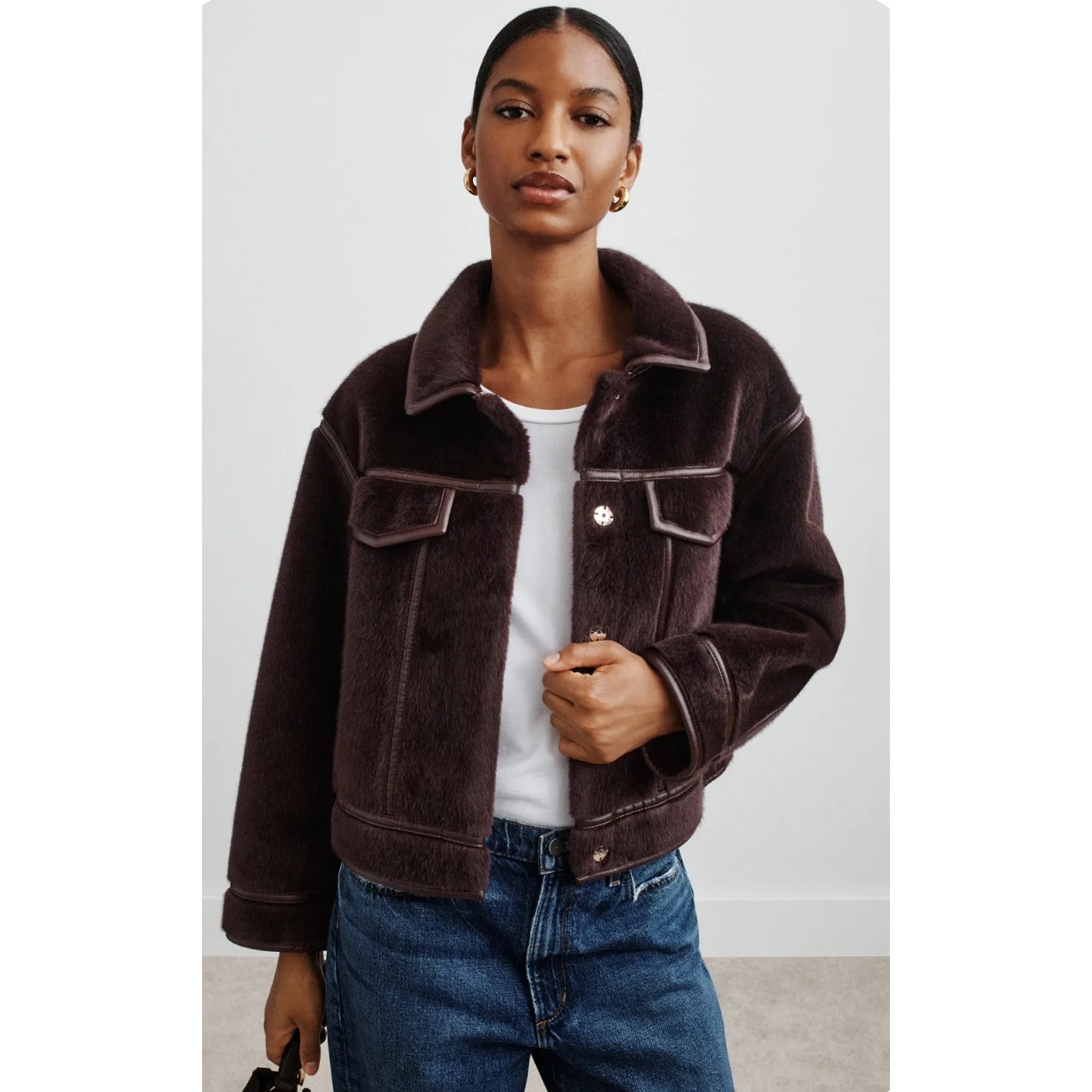 Zapa Paris Monge Faux Fur Trucker Jacket Brown Reversible Womens 42 / 10 Us